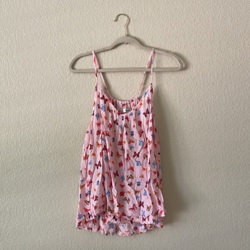 Kensie Camisole Top Scoop V Lounge Ruffle Tank Cottage Butterflies Pink
